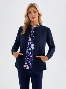 TaskEZ Star Print Long Sleeve Pocket Scrub Uniforms Jacket - Navy Blue - View 9