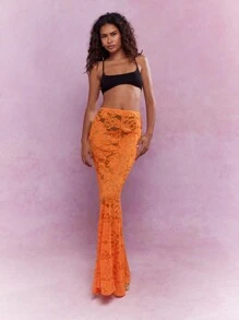 MISSGUIDED Sheer Mesh Lace Mermaid Hem Maxi Skirt - Orange - View 3