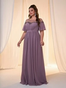 大码圆领性感网眼亮片拼布雪纺连衣裙，优雅伴娘礼服 - 淺灰紫 - 查看 6