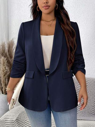 SHEIN LUNE Plus Size Women's Solid Color Pleated Sleeve Blazer In Fall/Winter