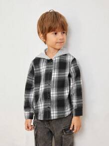 SHEIN 1 件韩版男女通用加大码格子连帽长袖衬衫适合旅行、日常穿着、上学、运动、春秋季 - 黑色 - 查看 3