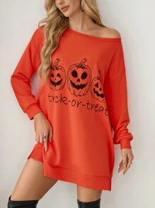 SHEIN Essnce Damen Halloween Thema Sweatshirt mit Langarm und Rundhals-Ausschnitt, Grafik Sweatshirt, Kürbis Sweatshirt, Halloween Sweatshirt, Halloween Kleidung, Oversized Sweatshirt, Warm gefütterter Sweatshirt mit Fleece, Off-Shoulder Sweatshirt - Gebrannte Orange - Übersicht 4