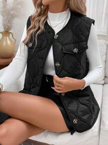 SHEIN Clasi 秋冬季女士纯色纽扣装饰休闲无袖棉服外套 - 黑色 - 查看 2