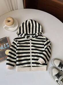 SHEIN 男婴可爱条纹拉链连帽运动衫，适合秋冬季外出和幼儿园 - 彩色 - 查看 7