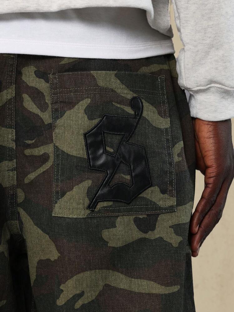 Loose Fit Camo Printed Jean With PU Badges