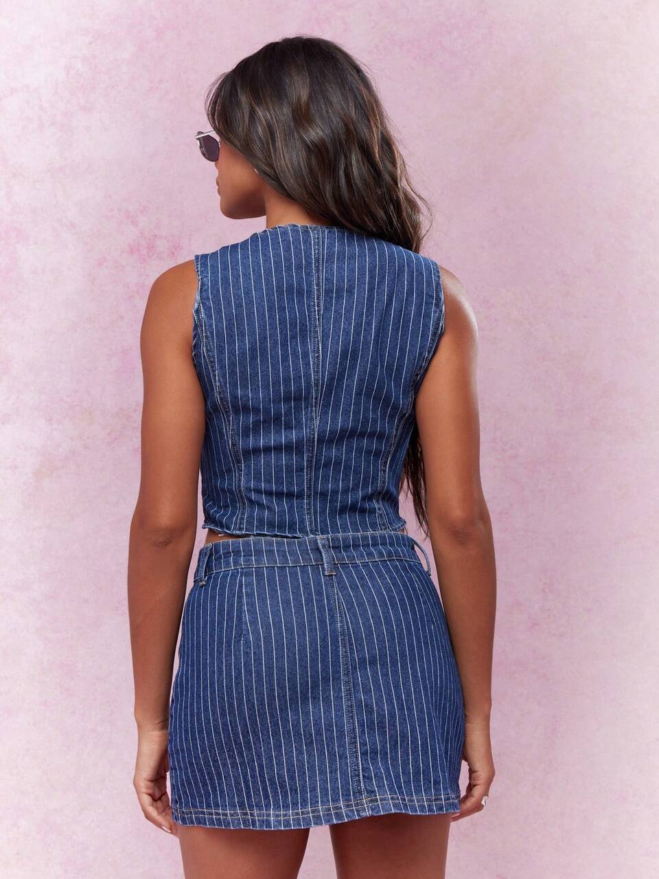 MISSGUIDED Women Denim Two-Piece Outfits Pinstripe Crop Top Mini Skirt