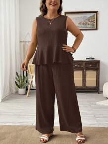 SHEIN LUNE Plus Size Women Summer Solid Color Round Neck Ruffle Hem Camisole And Wide Leg Loose 2 Pieces Set - Coffee Brown - View 3