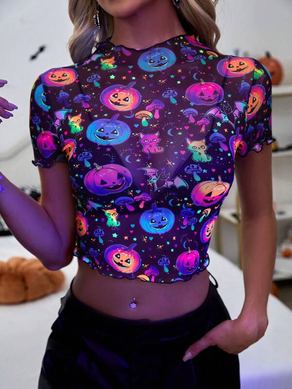SHEIN Essnce ハロウィン かぼちゃ 蓄光 レディース 半袖トップス