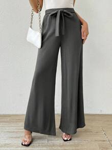 SHEIN Essnce Women's Casual Elastic Waist Bow Gray Waffle Knit Wide Leg Pants