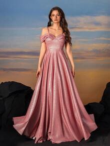 Fishbone Back Criss-Cross Banding Press Pleated Sleeve Shimmering Silk Dress - Pink - View 6