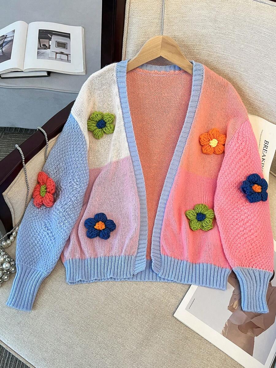 Tween  Girls Autumn And Winter Casual Color Matching 3D Flower Sweater Long Sleeve Cardigan,Back To School,Birthday - Multicolor - View 1