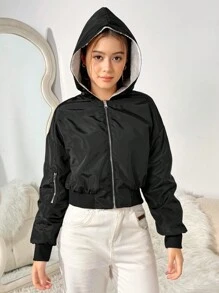 Teen Girl Casual Stylish Short Colorblock Fluffy Black Bomber Jacket - Black and White - View 1