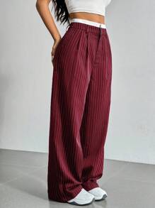 SHEIN EZwear Striped Wide Leg Patchwork Waistband Suit Pants In Fall/Winter - Burgundy - View 1