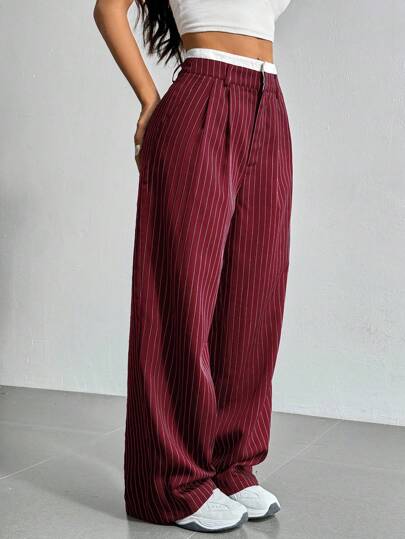 SHEIN EZwear Striped Wide Leg Patchwork Waistband Suit Pants In Fall/Winter