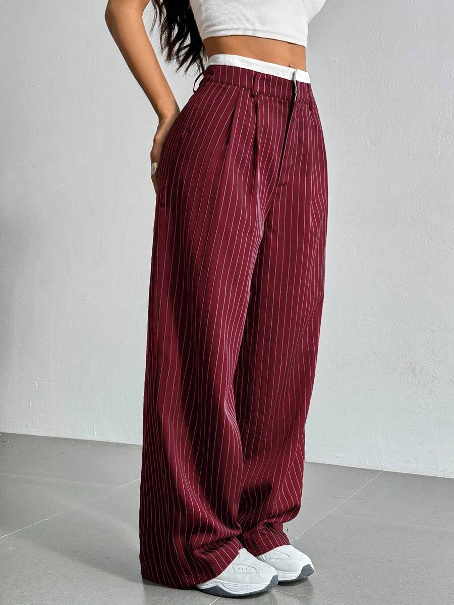 SHEIN EZwear Striped Wide Leg Patchwork Waistband Suit Pants In Fall/Winter - Burgundy - View 1