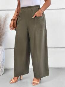 SHEIN VCAY Quần dài thường ngày màu trơn cỡ lớn cho nữ - xanh quân đội - Xem 4