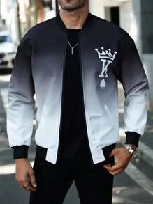 Manfinity Homme 男士渐变色印花长袖户外风衣夹克，外出街头穿搭拉链字母拼色夹克，送给朋友、丈夫、男朋友的礼物，男士飞行员夹克，黑白夹克，男士图案夹克