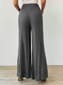 SHEIN Essnce Women's Casual Elastic Waist Bow Gray Waffle Knit Wide Leg Pants