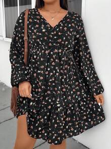 SHEIN LUNE Vestido de manga larga con cuello en V y volantes, con estampado floral desaliñado, para uso casual diario en otoño, en tallas grandes