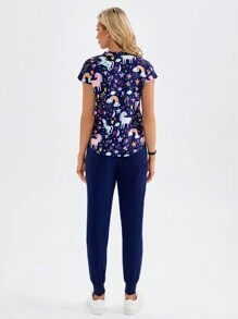 TaskEZ Conjunto uniforme de enfermera con top y pantalón estampado con diseño de unicornio de dibujos animados para mujer, conjunto de ropa de trabajo con micro-estiramiento, múltiples bolsillos, adecuado para enfermera, esteticista y otros - Multicolor - Ver 2