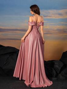 Fishbone Back Criss-Cross Banding Press Pleated Sleeve Shimmering Silk Dress - Pink - View 2