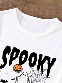 SHEIN Young Girl Summer Casual Short Sleeve T-Shirt With Letter And Ghost Print, Round Neck, For Halloween Party - White - View 4