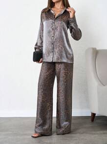 SHEIN Tall Women's Tall Leopard Print Shirt, Pants Two-Pieces Co-Order Set - Multicolor - View 6