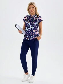 TaskEZ Conjunto uniforme de enfermera con top y pantalón estampado con diseño de unicornio de dibujos animados para mujer, conjunto de ropa de trabajo con micro-estiramiento, múltiples bolsillos, adecuado para enfermera, esteticista y otros - Multicolor - Ver 4