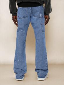 SUMWON Jean ajustado acampanado con borde crudo rasgado y estampado gráfico - Azul - Ver 4