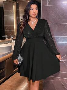 Plus Size Women Elegant V-Neck Rhinestone Embellished Slimming Fitted Dress - Black - View 3