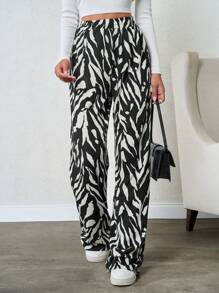 SHEIN Tall 纯棉高腰女士黑白休闲印花阔腿裤 - 黑與白 - 查看 1