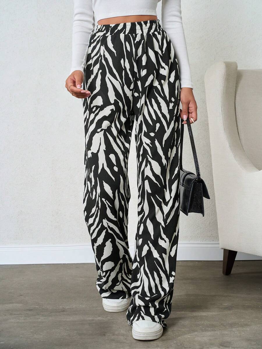 SHEIN Tall 纯棉高腰女士黑白休闲印花阔腿裤 - 黑與白 - 查看 1