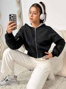 Teen Girl Casual Stylish Short Colorblock Fluffy Black Bomber Jacket - Black and White - View 5