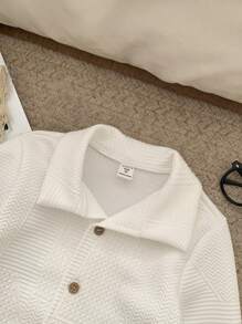 SHEIN 1pc Young Boy Casual Minimalist Korean Style Knit Jacquard Thermal Lined Turndown Collar Long Sleeve Warm Jacket, Suitable For Autumn & Winter, Casual & Holiday Wear - White - View 3