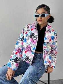 SHEIN Teen Girls Padded Graffiti Print Warm Jacket, Fall & Winter - Multicolor - View 5
