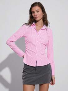 Easelle Chemise rayée à manches longues ajustée à taille plissée, décontractée pour vacances, printemps et été - Rose bonbon - Voir 6