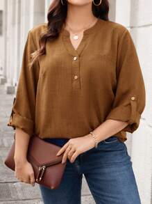 SHEIN LUNE Camisa azul de talla grande, con diseño de bolsillo, mangas enrollables, hecha de efecto denim, ropa de mujer cómoda y transpirable, blusas de mujer para otoño - Marrón - Ver 3