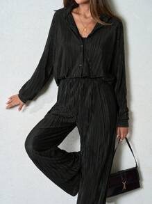 SHEIN Tall Women's Tall Pleated Two-Piece Outfits - Black - View 3