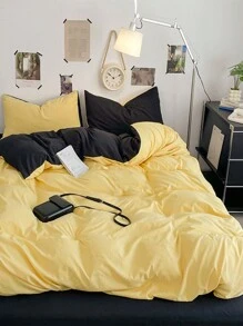 Juego de funda nórdica de 3 piezas en amarillo y gris oscuro cepillado, artículos de decoración de habitación