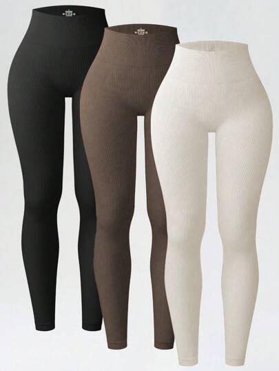Easithlete 3pcs Women's Seamless High Waist Stretchy Sports Leggings (Solid Color) Yoga Pants Brown&Black&Ivory Leggings