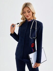 TaskEZ Star Print Long Sleeve Pocket Scrub Uniforms Jacket - Navy Blue - View 4