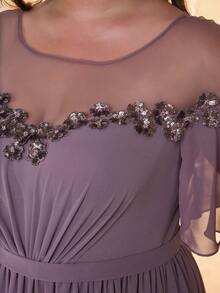 大码圆领性感网眼亮片拼布雪纺连衣裙，优雅伴娘礼服 - 淺灰紫 - 查看 5