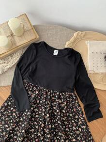 SHEIN Leap Crew Young Girl Knitted Solid Color Patchwork Floral Casual Dress - Black - View 11