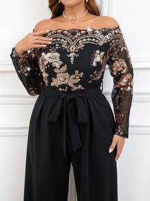 SHEIN Clasi 大码女式花卉亮片露肩系腰阔腿优雅连体裤，万圣节服装 - 黑色 - 查看 5