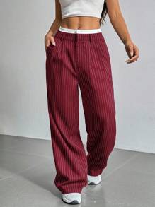 SHEIN EZwear Striped Wide Leg Patchwork Waistband Suit Pants In Fall/Winter - Burgundy - View 5