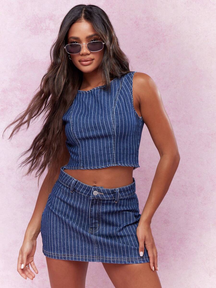 MISSGUIDED Pinstripe Sleeveless Crop Top And Bodycon Mini Skirt 90's Two Piece Co-Ord Set - Blue - View 1