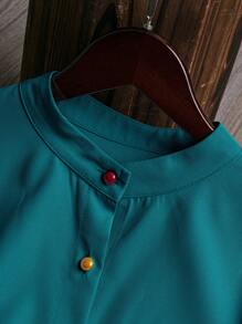 SHEIN LUNE Stand Collar, Colorful Button Front, Cat & Butterfly Print, Half-Arc Hem Shirt With Sleeve Cuffs Fall Cloth For Women - Teal Blue - View 5