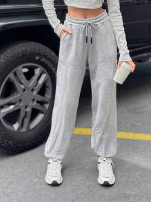 SHEIN PETITE Pantalon de jogging en coton pour femme de petite taille avec cordon de serrage à la taille, couleur unie - Gris pâle - Voir 1