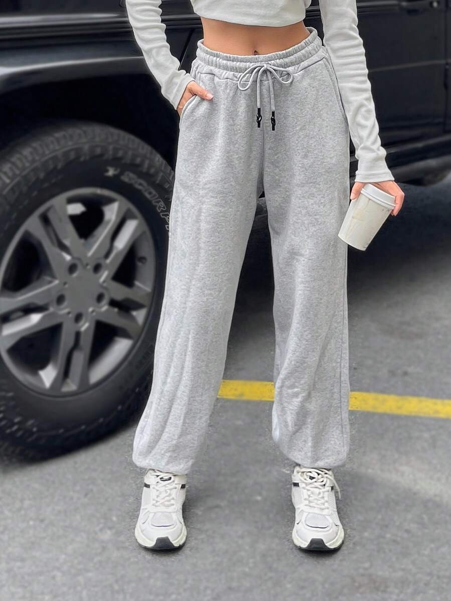 SHEIN PETITE Pantalon de jogging en coton pour femme de petite taille avec cordon de serrage à la taille, couleur unie - Gris pâle - Voir 1