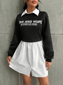 SHEIN Essnce 女式春夏标语印花长袖休闲宽松迷你连衣裙 - 黑與白 - 查看 2